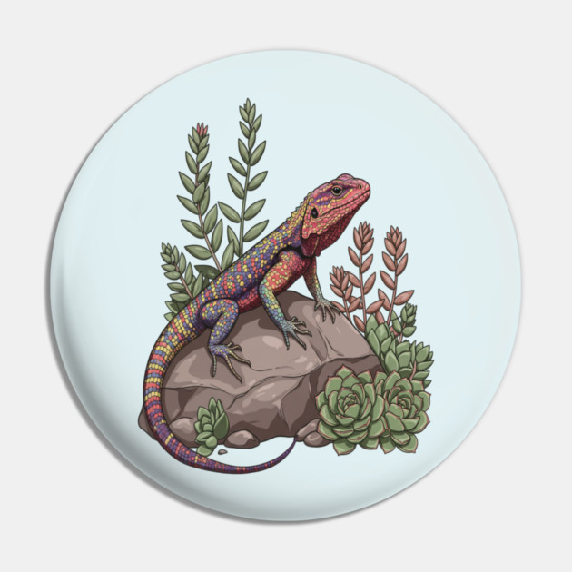 Ocellated Lizard on Stone with Succulents Pin by BirdsnStuff