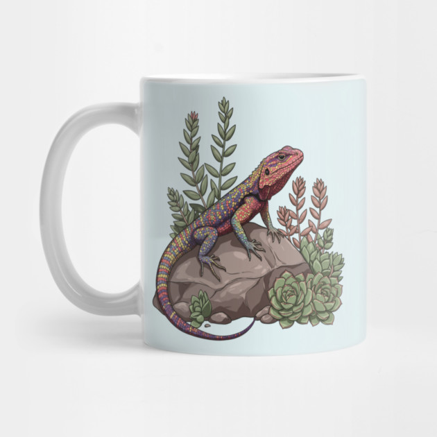 Ocellated Lizard on Stone with Succulents by BirdsnStuff