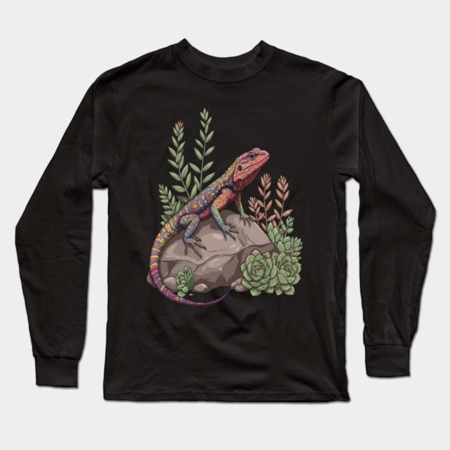 Ocellated Lizard on Stone with Succulents Long Sleeve T-Shirt by BirdsnStuff