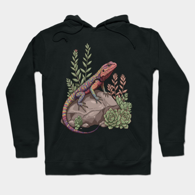 Ocellated Lizard on Stone with Succulents Hoodie by BirdsnStuff