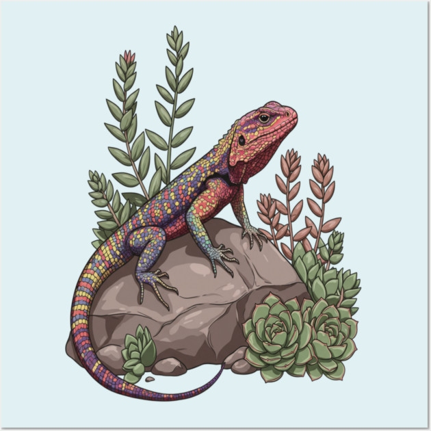 Ocellated Lizard on Stone with Succulents Wall Art by BirdsnStuff