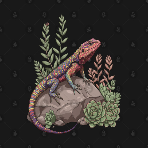 Ocellated Lizard on Stone with Succulents by BirdsnStuff