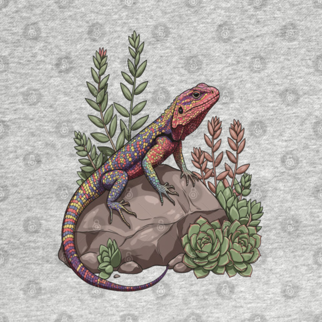 Ocellated Lizard on Stone with Succulents by BirdsnStuff