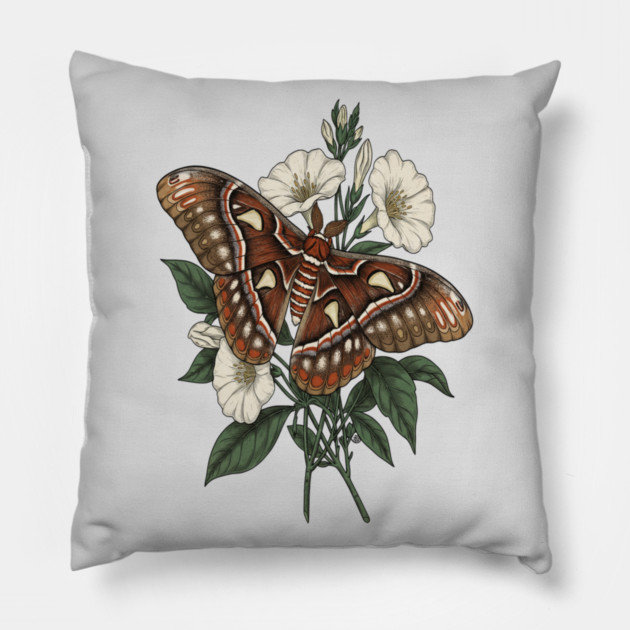 Cecropia Moth with White Wildflowers Pillow by BirdsnStuff