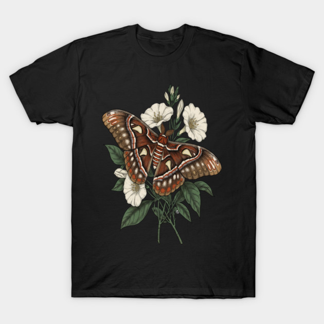 Cecropia Moth with White Wildflowers T-Shirt by BirdsnStuff