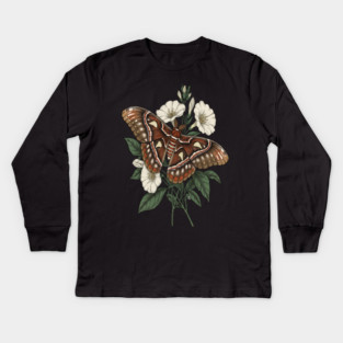 Cecropia Moth with White Wildflowers Kids Long Sleeve T-Shirt