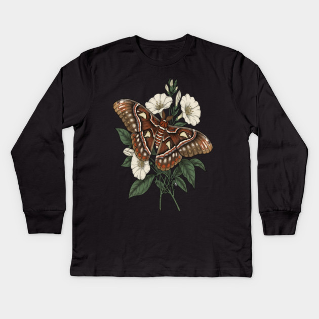 Cecropia Moth with White Wildflowers Kids Long Sleeve T-Shirt by BirdsnStuff