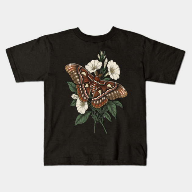 Cecropia Moth with White Wildflowers Kids T-Shirt by BirdsnStuff