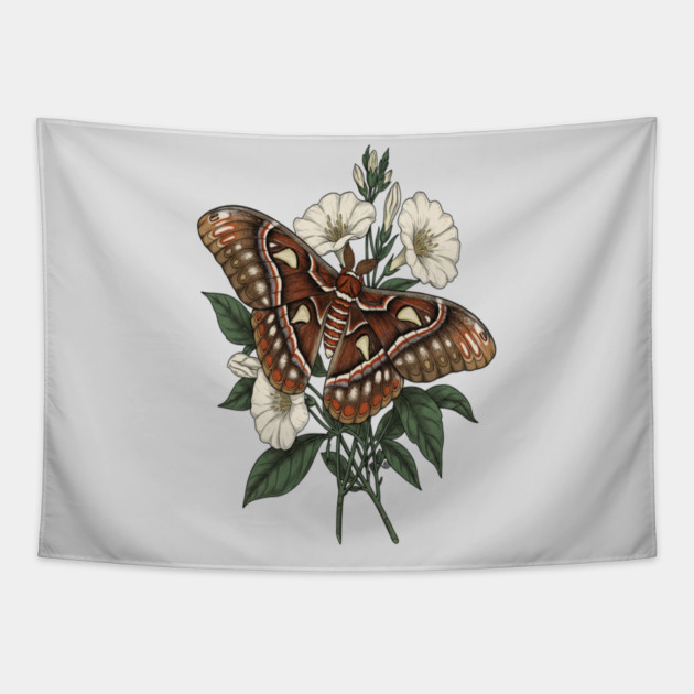 Cecropia Moth with White Wildflowers Tapestry by BirdsnStuff