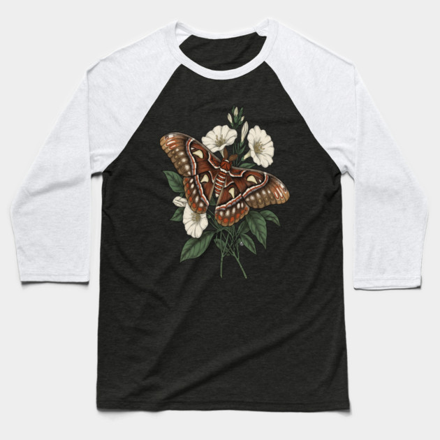 Cecropia Moth with White Wildflowers Baseball T-Shirt by BirdsnStuff