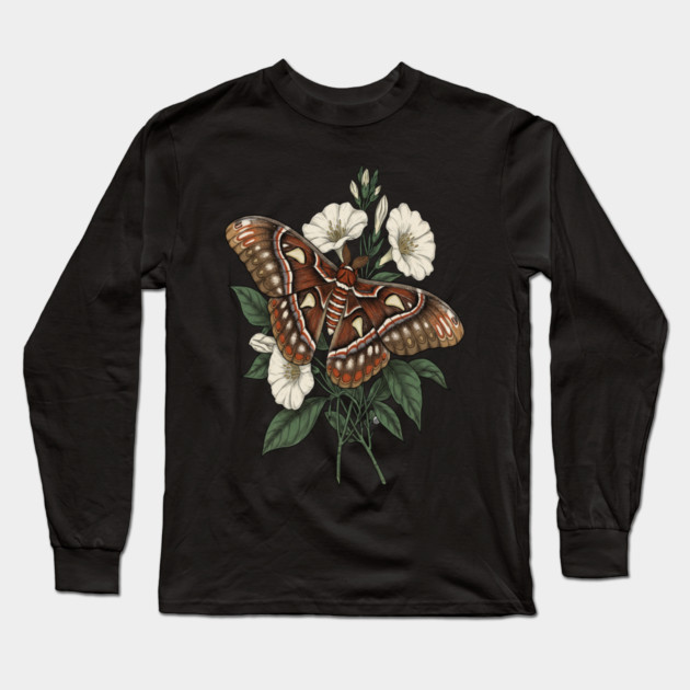 Cecropia Moth with White Wildflowers Long Sleeve T-Shirt by BirdsnStuff