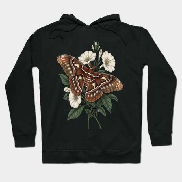 Cecropia Moth with White Wildflowers Hoodie by BirdsnStuff