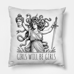 Girls Will Be Girls Funny Witch Tshirt, Funny Feminist Shirt, Vintage Dark Art Tee, Funny Girl Meme, occult aesthetics Pillow
