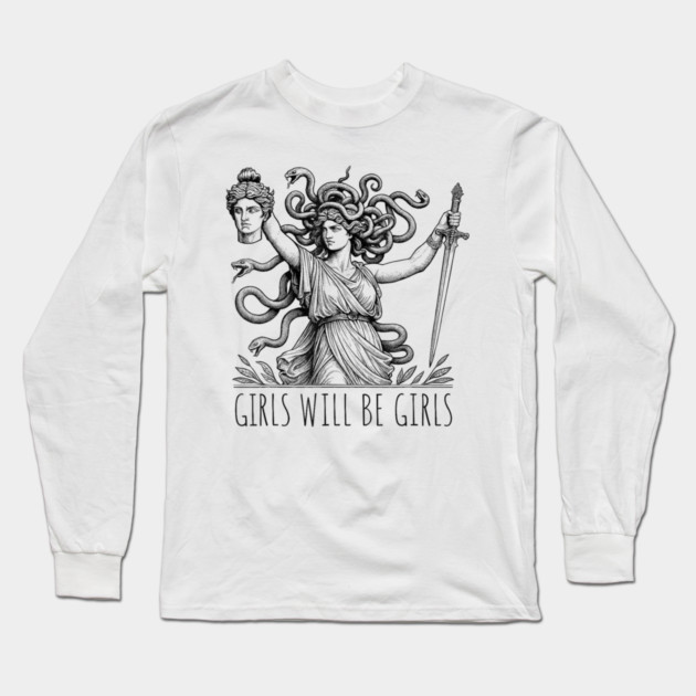 Girls Will Be Girls Funny Witch Tshirt, Funny Feminist Shirt, Vintage Dark Art Tee, Funny Girl Meme, occult aesthetics Long Sleeve T-Shirt by dtr_art