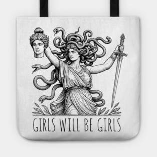 Girls Will Be Girls Funny Witch Tshirt, Funny Feminist Shirt, Vintage Dark Art Tee, Funny Girl Meme, occult aesthetics Tote