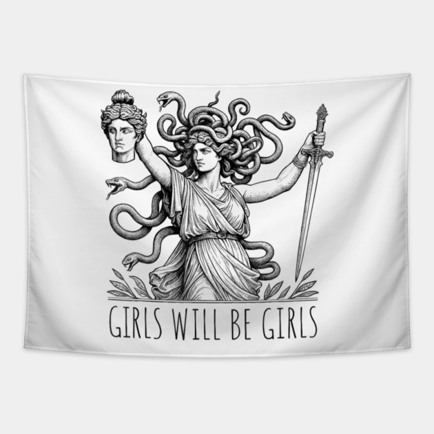 Girls Will Be Girls Funny Witch Tshirt, Funny Feminist Shirt, Vintage Dark Art Tee, Funny Girl Meme, occult aesthetics Tapestry by dtr_art
