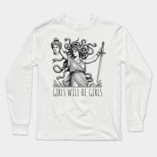 Girls Will Be Girls Funny Witch Tshirt, Funny Feminist Shirt, Vintage Dark Art Tee, Funny Girl Meme, occult aesthetics Long Sleeve T-Shirt