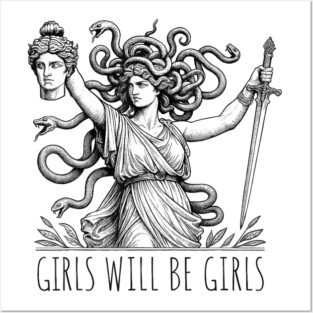 Girls Will Be Girls Funny Witch Tshirt, Funny Feminist Shirt, Vintage Dark Art Tee, Funny Girl Meme, occult aesthetics Posters and Art