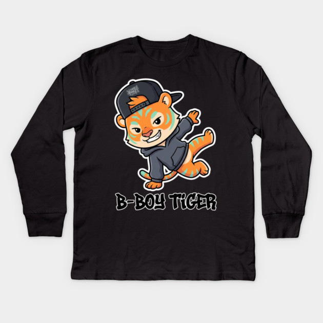 B-Boy Tiger T-Shirt | Hip-Hop Streetwear Animal Graphic Tee | Urban Breakdance Style Kids Long Sleeve T-Shirt by Muhammad Naveed Khan