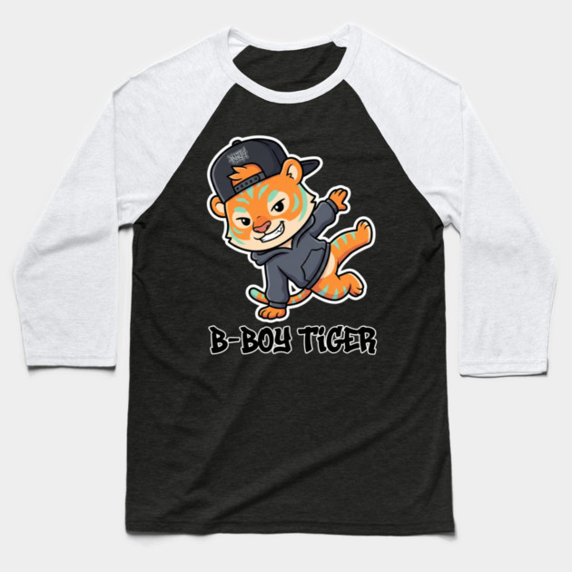 B-Boy Tiger T-Shirt | Hip-Hop Streetwear Animal Graphic Tee | Urban Breakdance Style Baseball T-Shirt by Muhammad Naveed Khan