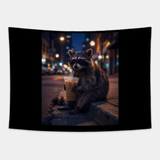 raccoon-drinking-iced-coffee Tapestry