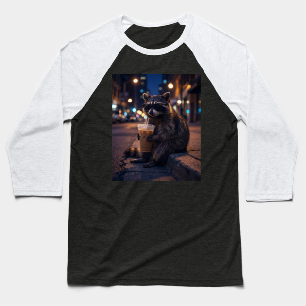 raccoon-drinking-iced-coffee Baseball T-Shirt by Creatifly Graphic Tees