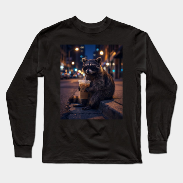 raccoon-drinking-iced-coffee Long Sleeve T-Shirt by Creatifly Graphic Tees