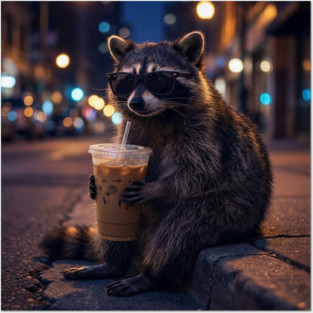 raccoon-drinking-iced-coffee Posters and Art