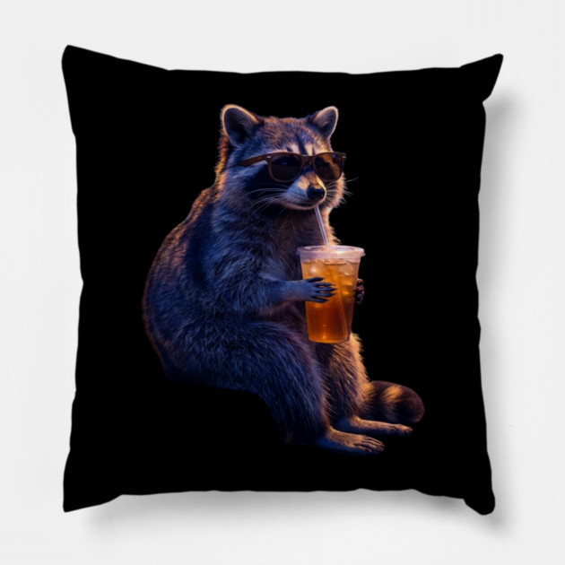 raccoon-drinking-iced-coffee Pillow by Creatifly Graphic Tees