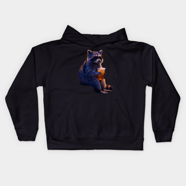raccoon-drinking-iced-coffee Kids Hoodie by Creatifly Graphic Tees