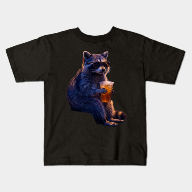 raccoon-drinking-iced-coffee Kids T-Shirt by Creatifly Graphic Tees