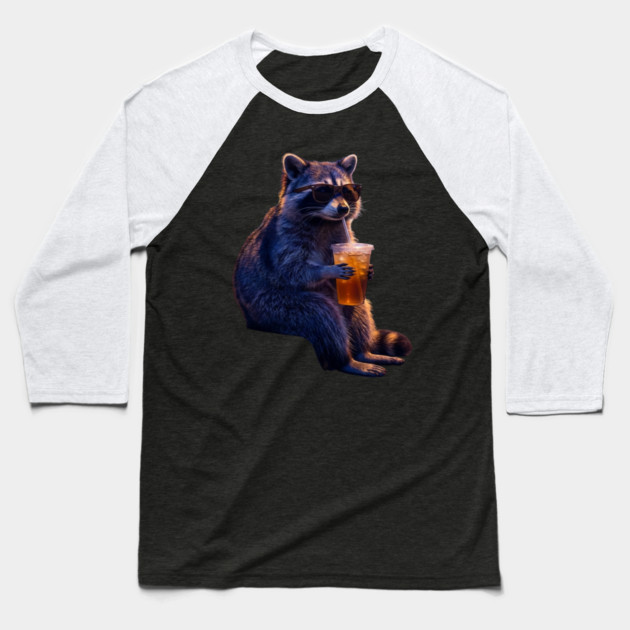 raccoon-drinking-iced-coffee Baseball T-Shirt by Creatifly Graphic Tees
