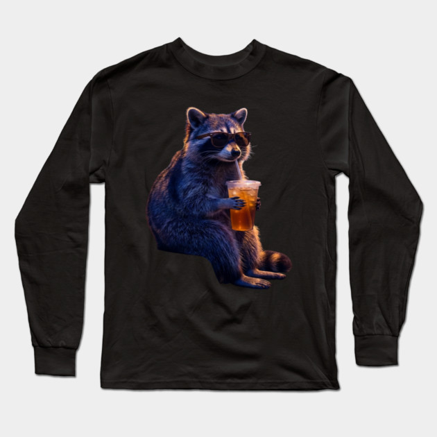 raccoon-drinking-iced-coffee Long Sleeve T-Shirt by Creatifly Graphic Tees