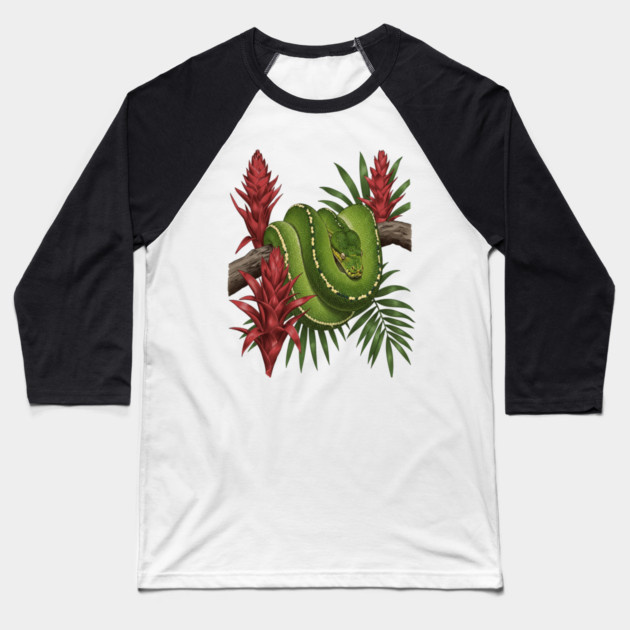 Green Tree Python in Lush Jungle Foliage Baseball T-Shirt by BirdsnStuff