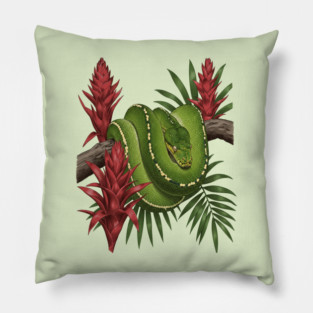 Green Tree Python in Lush Jungle Foliage Pillow