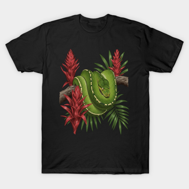 Green Tree Python in Lush Jungle Foliage T-Shirt by BirdsnStuff