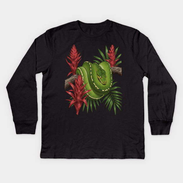 Green Tree Python in Lush Jungle Foliage Kids Long Sleeve T-Shirt by BirdsnStuff