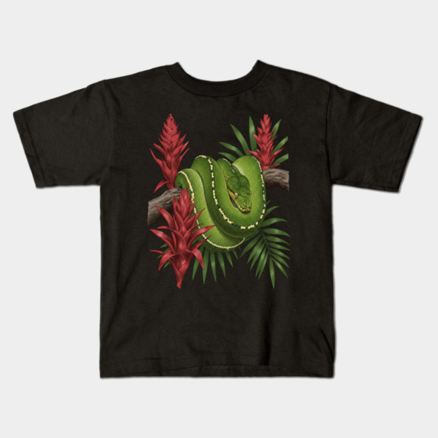 Green Tree Python in Lush Jungle Foliage Kids T-Shirt by BirdsnStuff