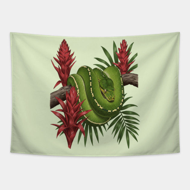Green Tree Python in Lush Jungle Foliage Tapestry by BirdsnStuff