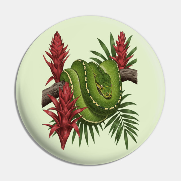 Green Tree Python in Lush Jungle Foliage Pin by BirdsnStuff