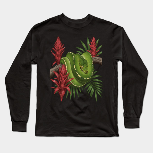 Green Tree Python in Lush Jungle Foliage Long Sleeve T-Shirt by BirdsnStuff