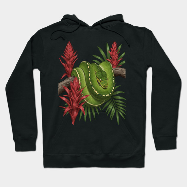 Green Tree Python in Lush Jungle Foliage Hoodie by BirdsnStuff