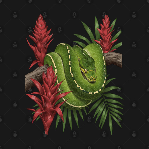 Green Tree Python in Lush Jungle Foliage by BirdsnStuff