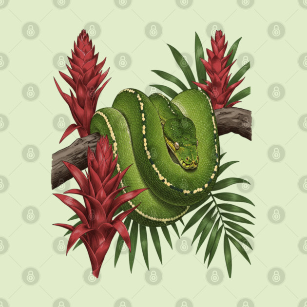 Green Tree Python in Lush Jungle Foliage by BirdsnStuff