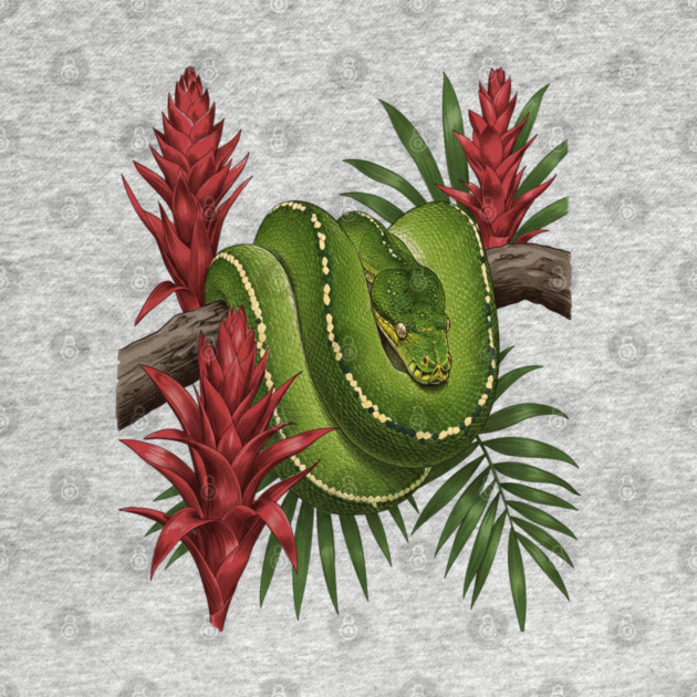 Green Tree Python in Lush Jungle Foliage by BirdsnStuff