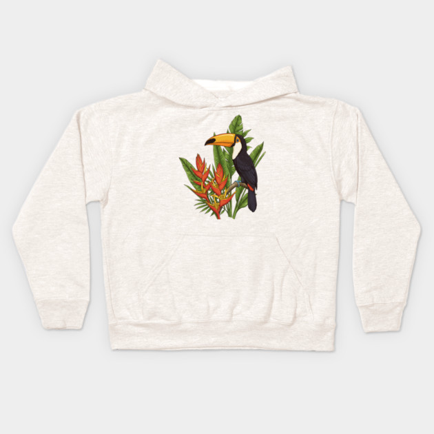 Tropical Toucan With Heliconia Jungle Flowers Kids Hoodie by BirdsnStuff