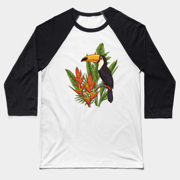 Tropical Toucan With Heliconia Jungle Flowers Baseball T-Shirt by BirdsnStuff