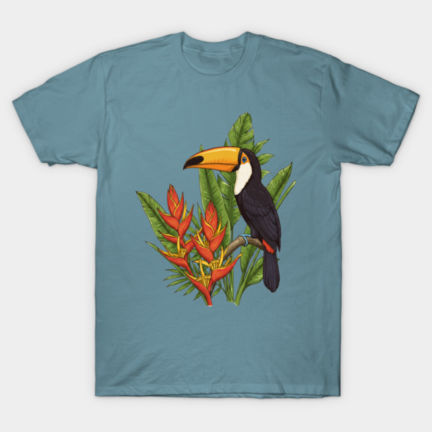 Tropical Toucan With Heliconia Jungle Flowers T-Shirt by BirdsnStuff
