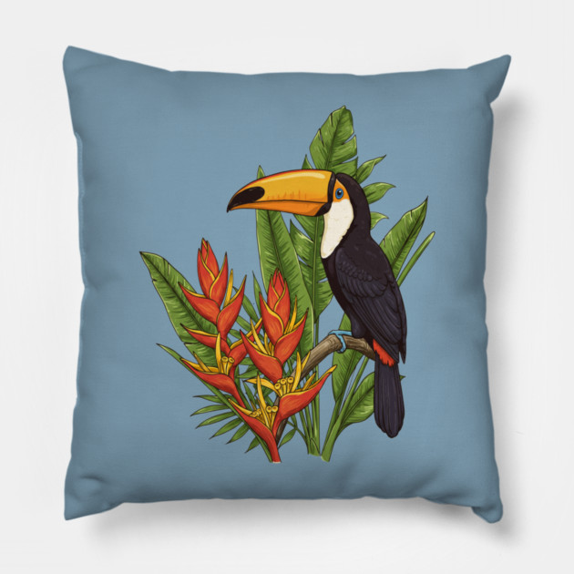 Tropical Toucan With Heliconia Jungle Flowers Pillow by BirdsnStuff