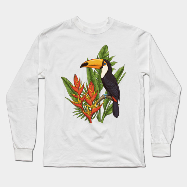 Tropical Toucan With Heliconia Jungle Flowers Long Sleeve T-Shirt by BirdsnStuff